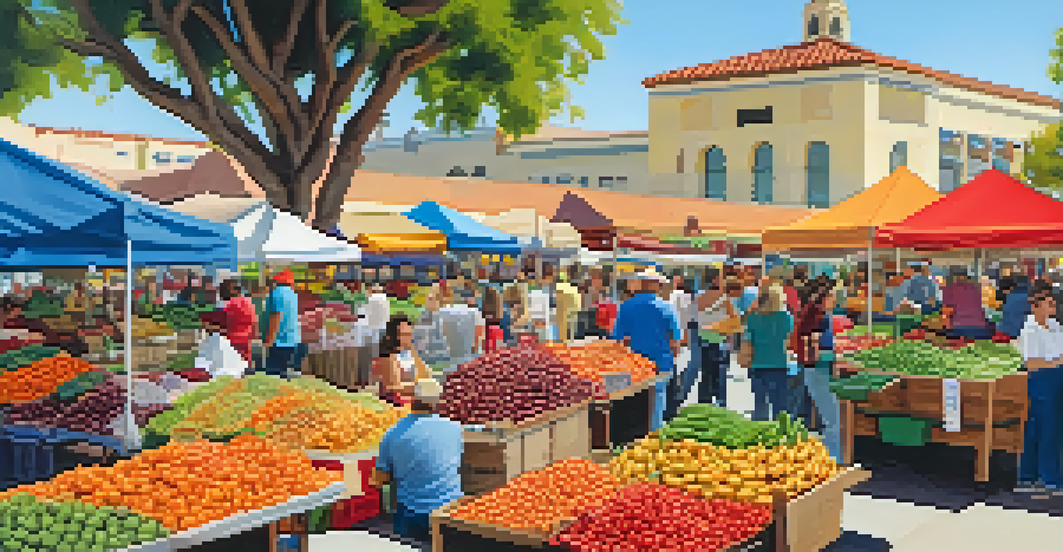 A vibrant farmers' market in San Diego, displaying fresh produce and traditional Spanish ingredients.