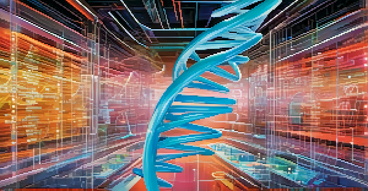 A close-up of a DNA model with digital data displays in the background, representing biotechnology innovation.