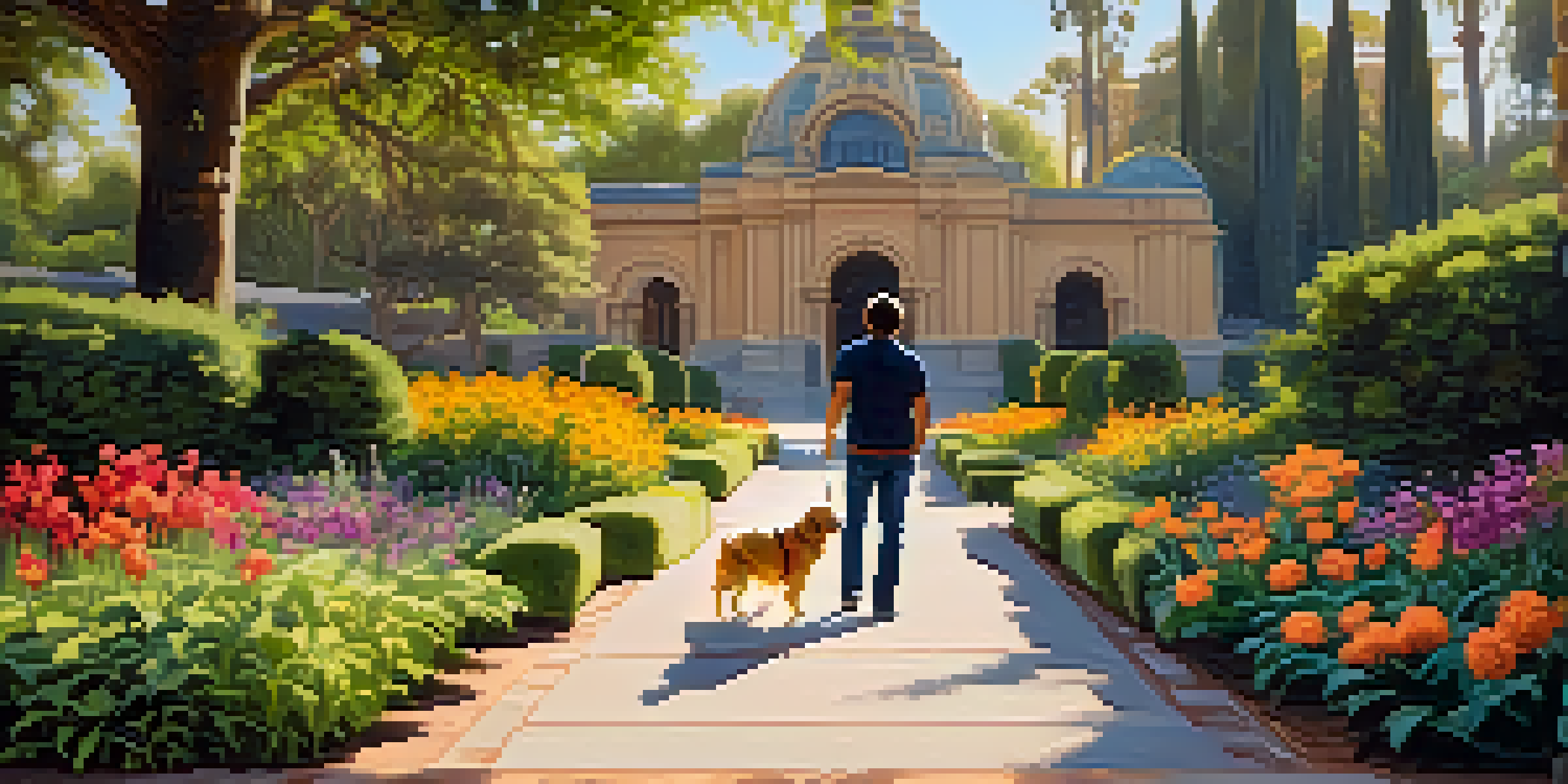 A golden retriever playing fetch in a lush garden at Balboa Park, with flowers and historic buildings in the background.