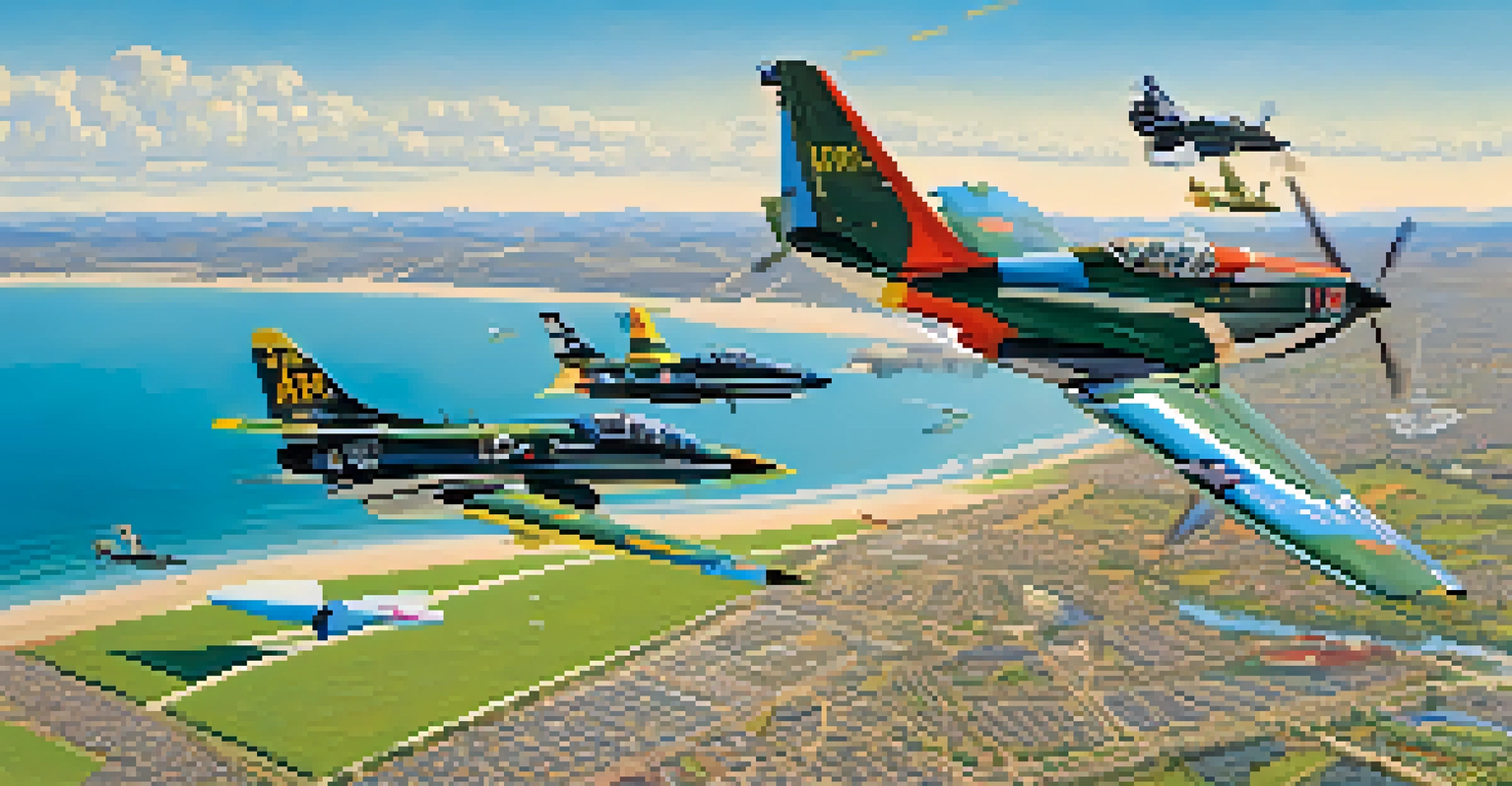 An aerial view of the Miramar Air Show with military aircraft performing stunts and spectators on the ground.