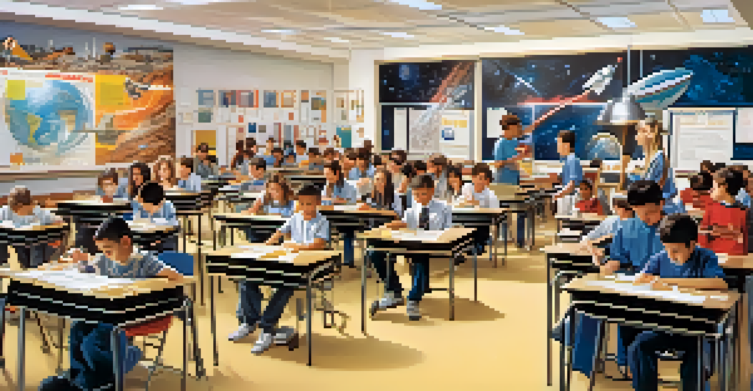 A classroom with students engaging in aerospace engineering activities and a teacher demonstrating a rocket launch.