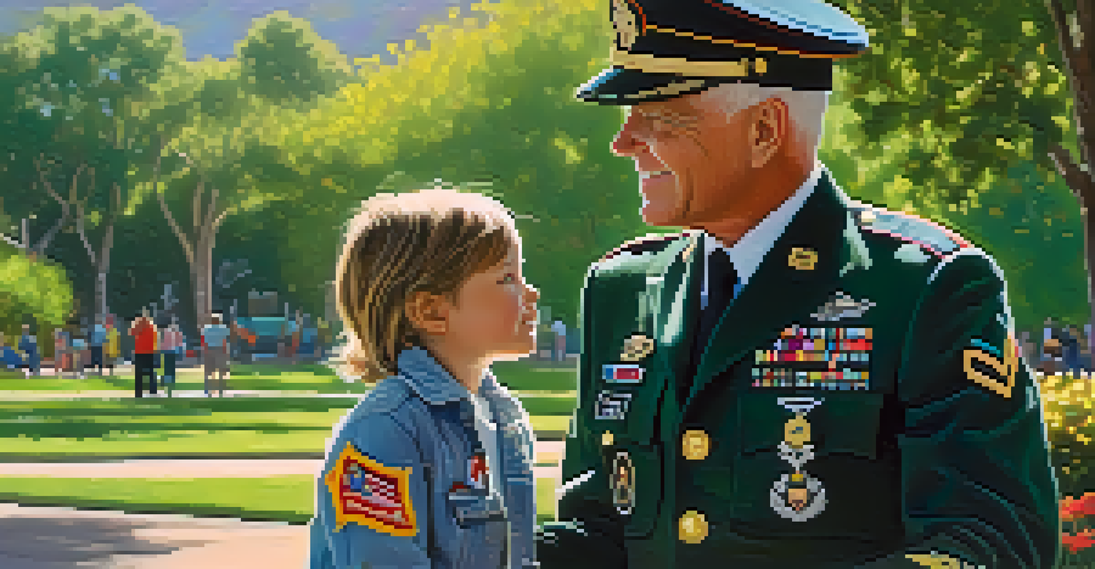 A military veteran in uniform sharing a moment with a child in a San Diego park, surrounded by greenery and flowers.