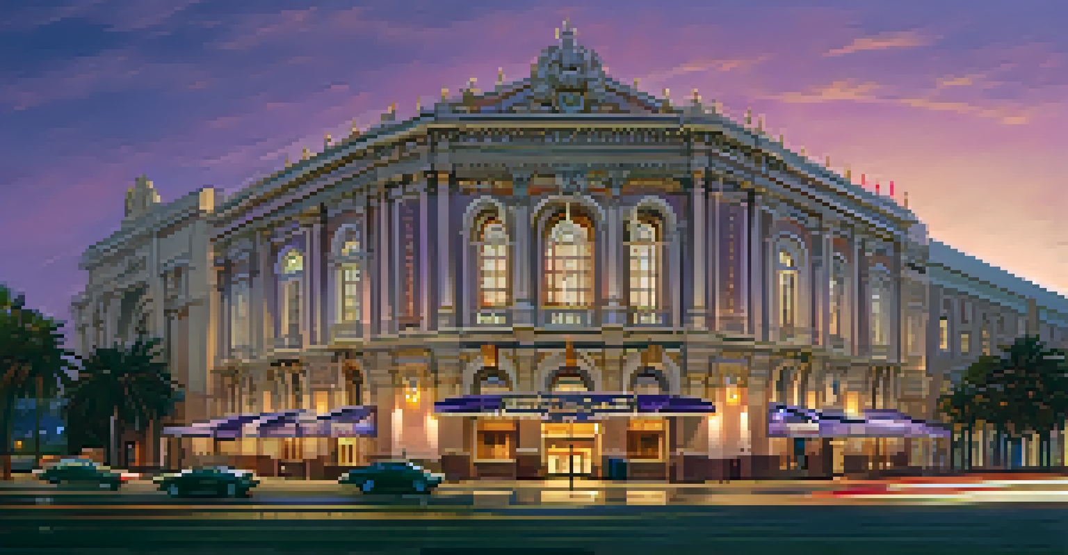 Twilight view of the Spreckels Theatre, showcasing its Spanish Baroque architecture and warm illumination.