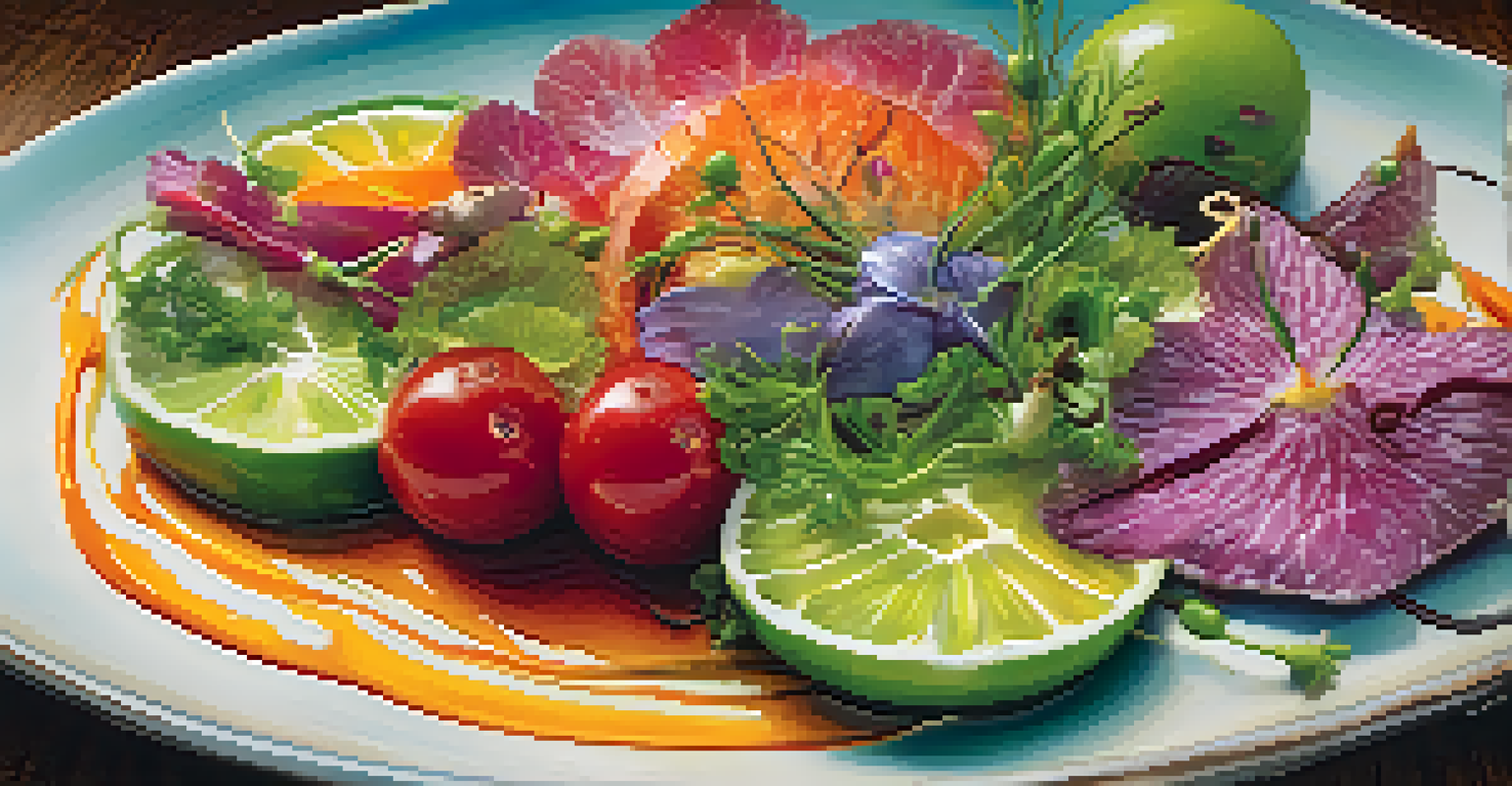 A close-up of a creatively arranged fusion dish made from local ingredients, presented on a rustic wooden table with natural lighting.