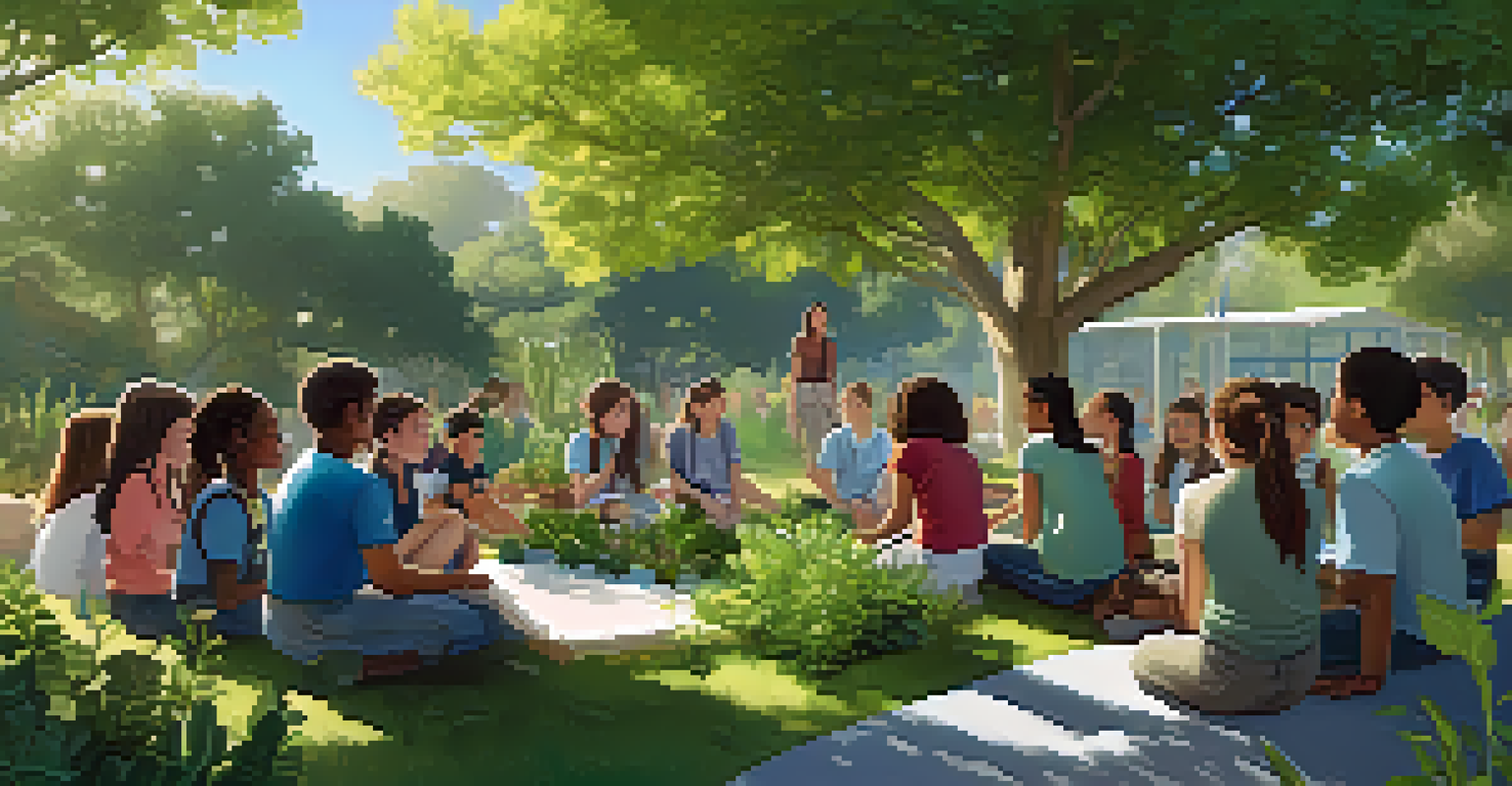 A teacher conducting an outdoor workshop on water conservation with a diverse group of students amidst greenery and plants.