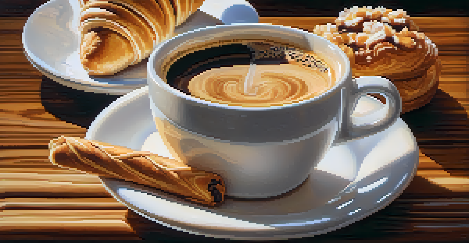 A close-up of a cup of espresso with crema on a wooden table, accompanied by Italian pastries.