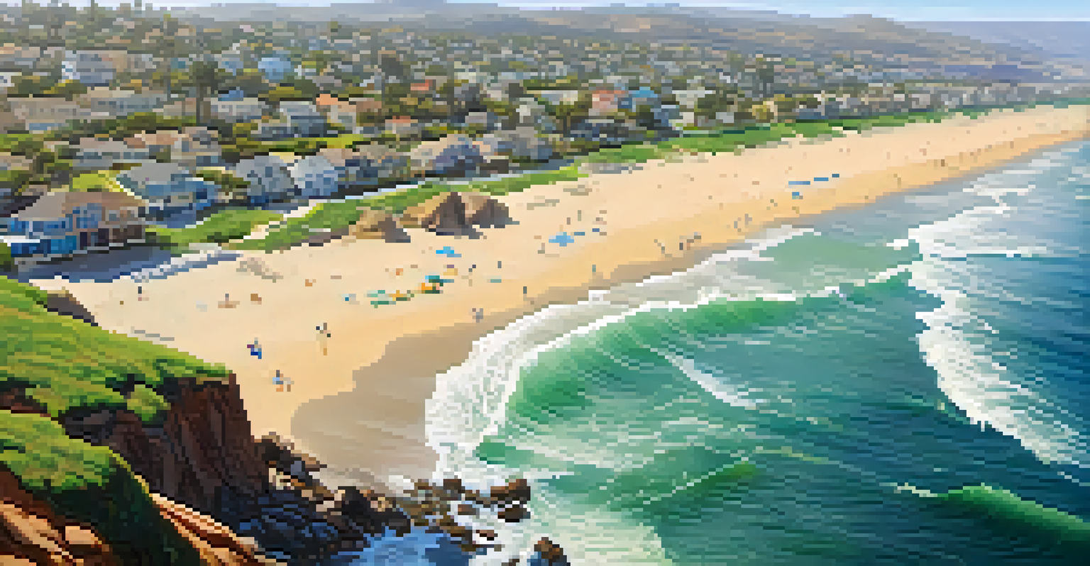 An aerial view of a clean San Diego coastline after a coastal cleanup, displaying soft waves, green vegetation, and a peaceful atmosphere.