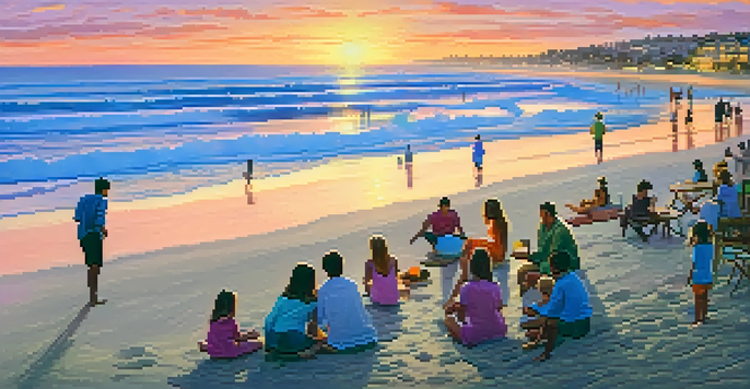A sunset at La Jolla Shores with families on the beach, colorful sky, and gentle waves.