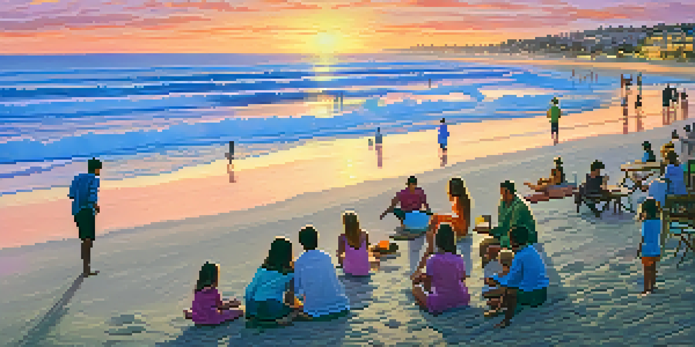 A sunset at La Jolla Shores with families on the beach, colorful sky, and gentle waves.