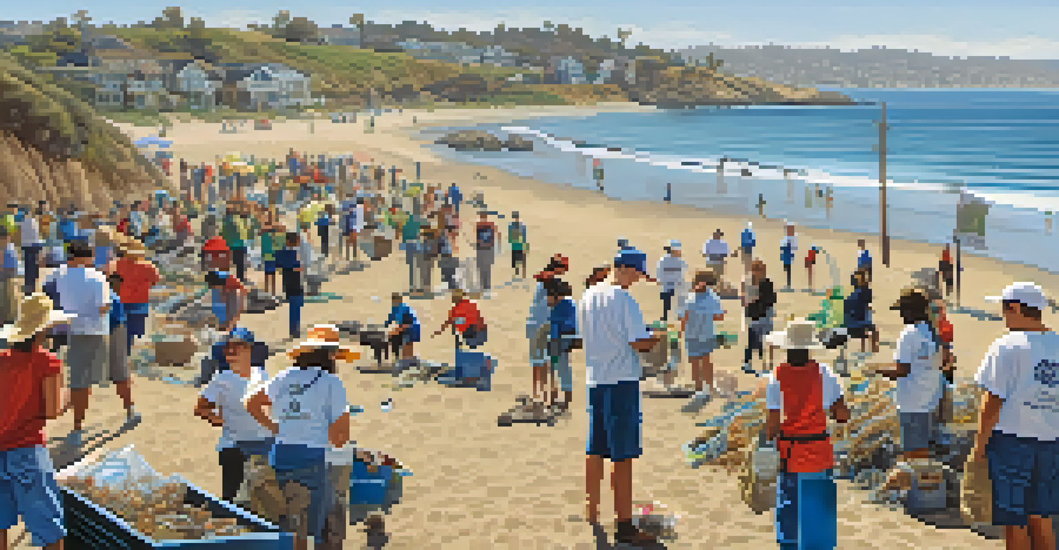 Volunteers participating in a beach clean-up event at San Diego, with educational signs about marine conservation in the background.