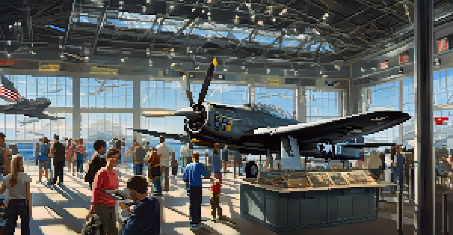 Interior view of the USS Midway Museum with visitors engaging with exhibits and sunlight illuminating aircraft displays.