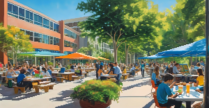 Students collaborating on research outside on a sunny day at UC San Diego, with greenery and modern buildings in the background.