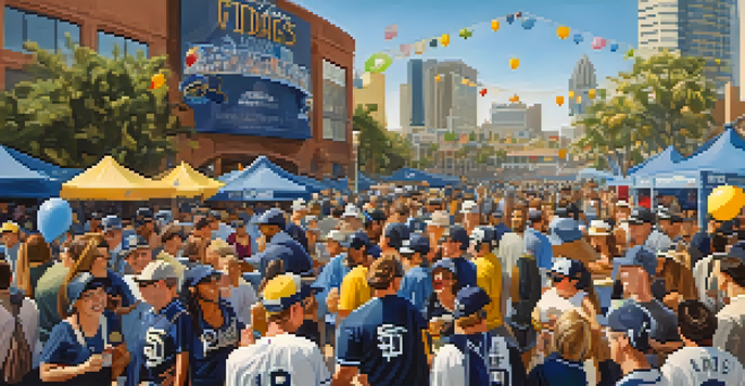 A diverse group of excited San Diego sports fans wearing Padres jerseys gathered outside Petco Park under a sunny blue sky.