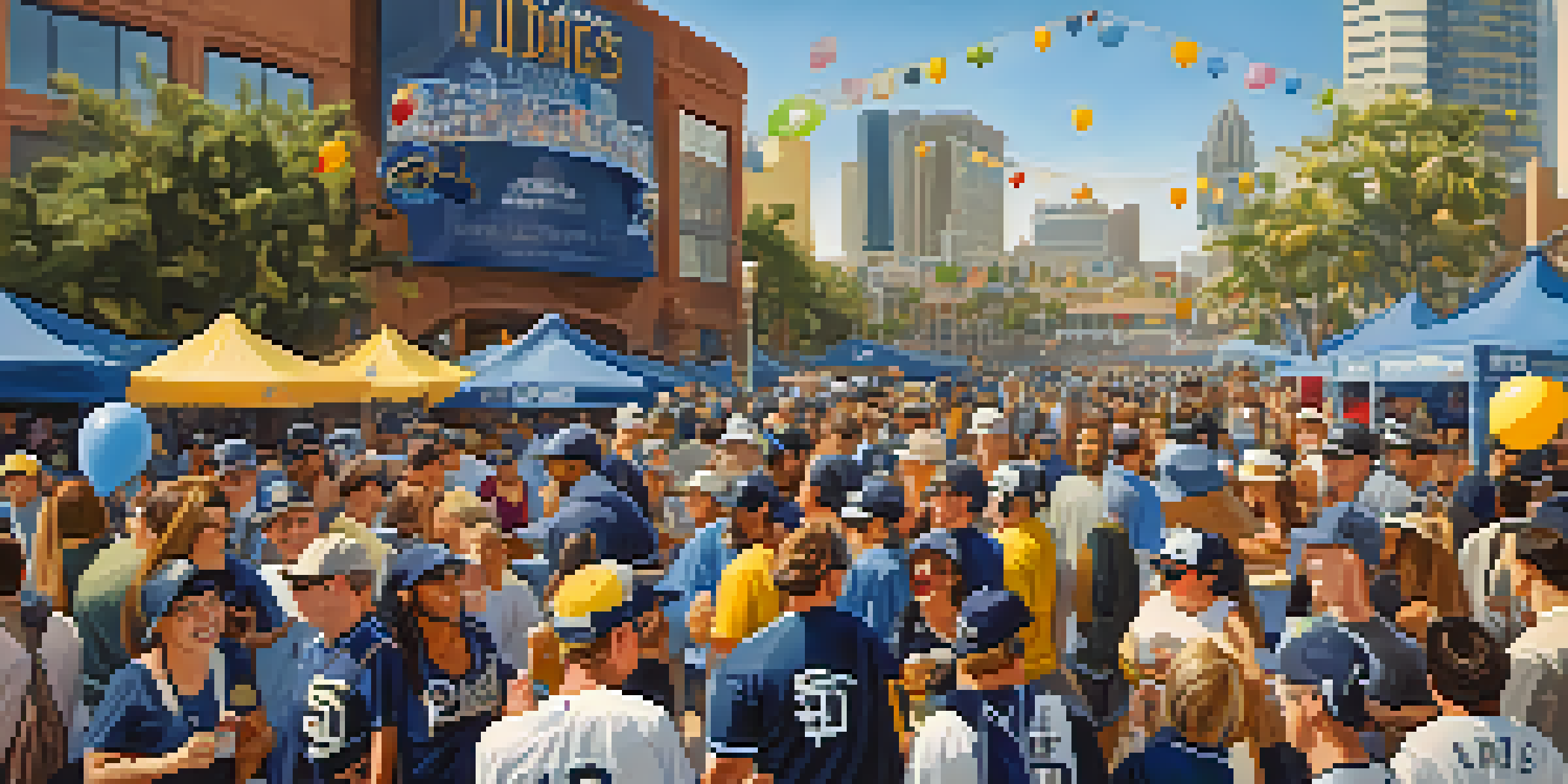 A diverse group of excited San Diego sports fans wearing Padres jerseys gathered outside Petco Park under a sunny blue sky.