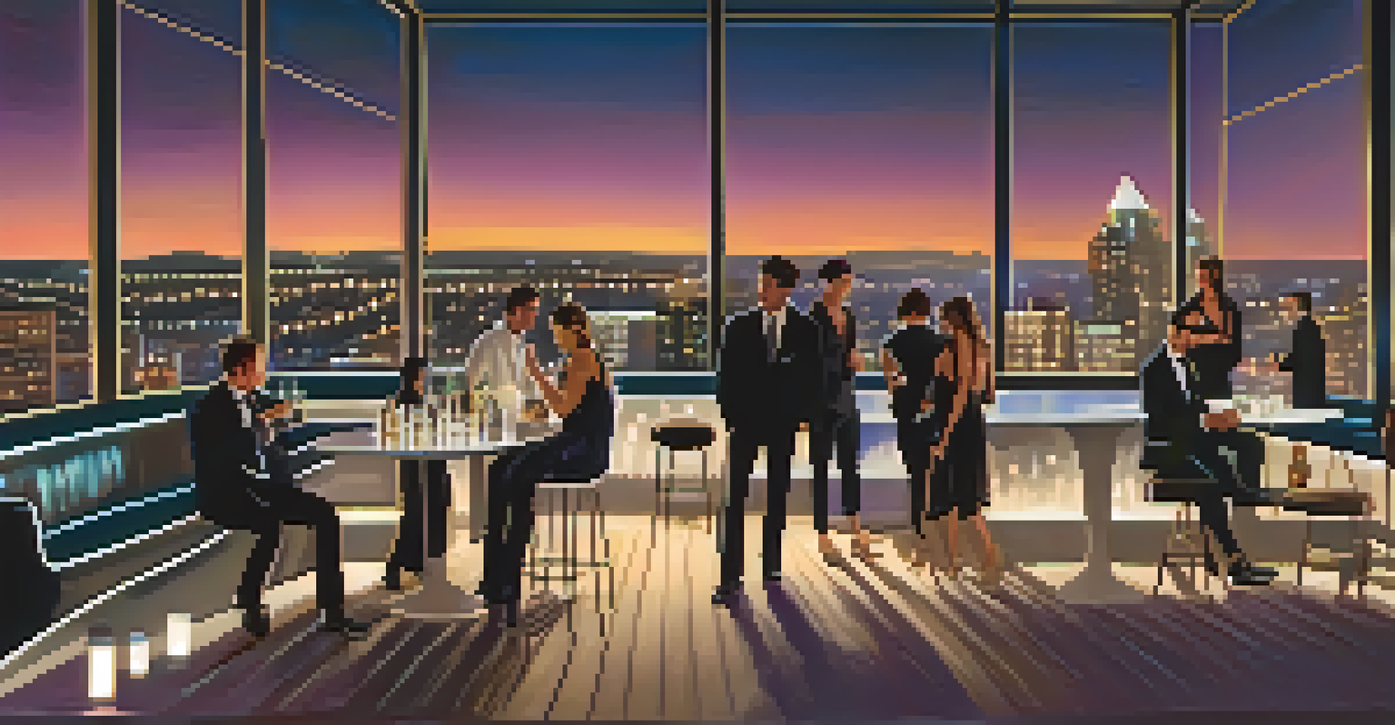A rooftop terrace at a San Diego club with city skyline views and stylish guests enjoying drinks.