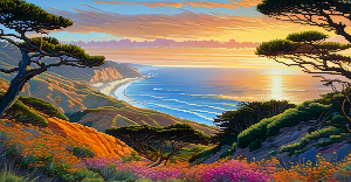 A beautiful view of the sunrise at Torrey Pines State Natural Reserve, with the sun casting golden light over the ocean and cliffs, surrounded by pine trees and colorful flowers.
