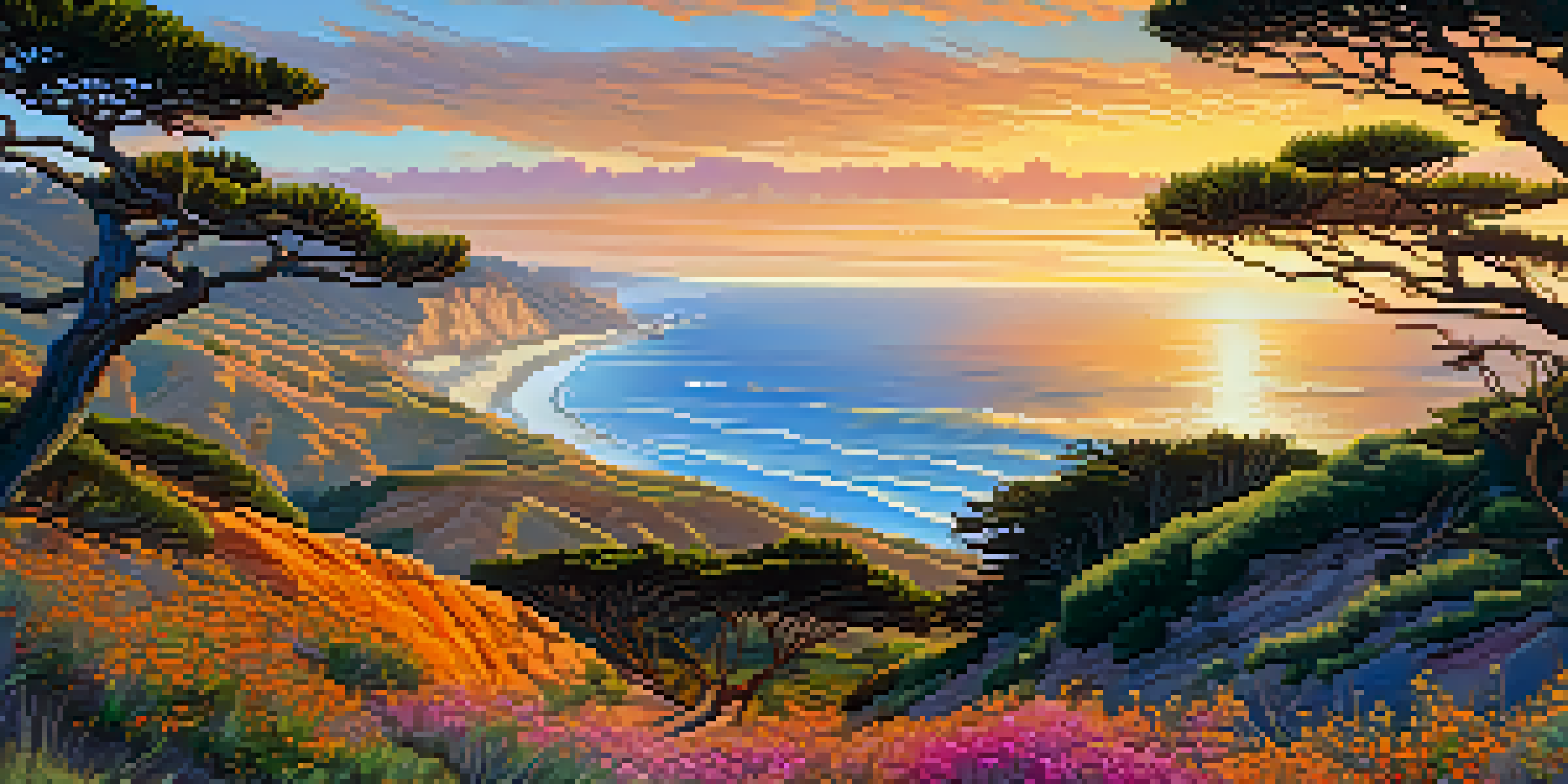 A beautiful view of the sunrise at Torrey Pines State Natural Reserve, with the sun casting golden light over the ocean and cliffs, surrounded by pine trees and colorful flowers.
