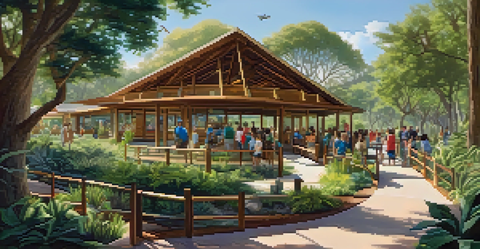 A lively and colorful wildlife conservation center in San Diego with diverse animal habitats and educational displays, bustling with families and children enjoying the outdoors.