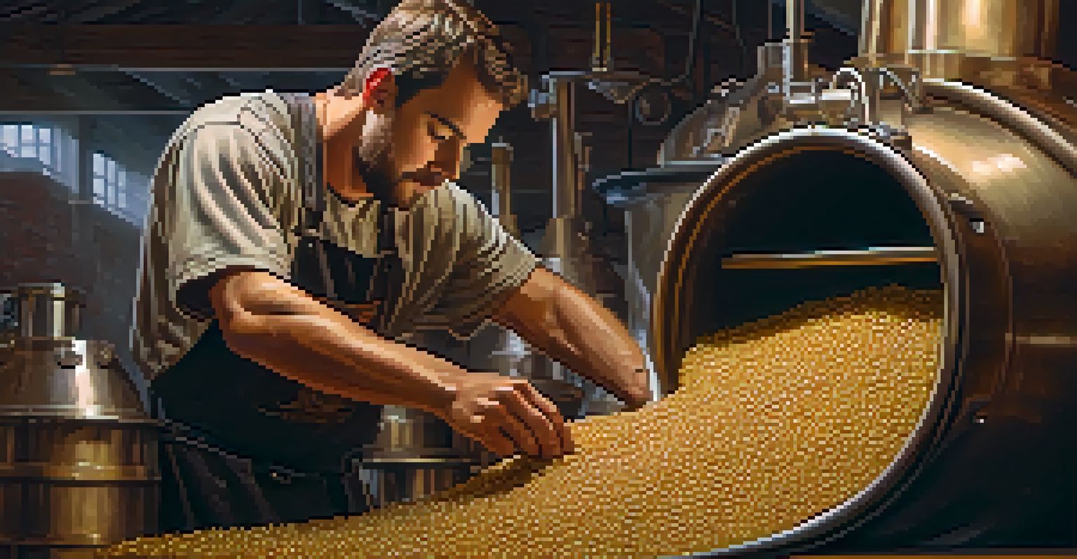 A close-up of a brewer pouring ingredients into a kettle, surrounded by hops and malt. The warm lighting emphasizes the brewing process.