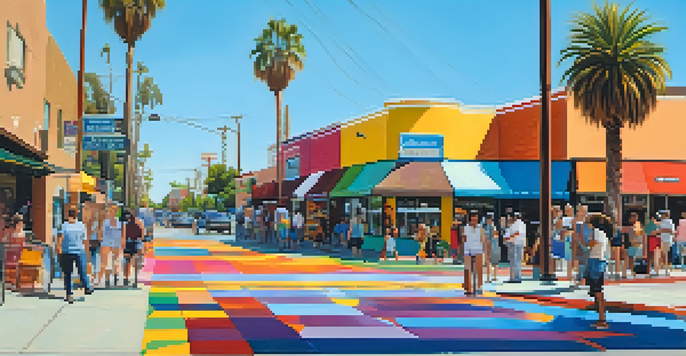 A bustling street in Hillcrest, San Diego, featuring rainbow crosswalks and colorful murals, with people enjoying their day.