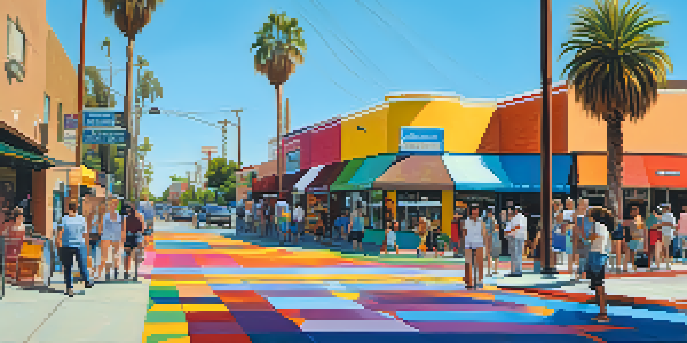A bustling street in Hillcrest, San Diego, featuring rainbow crosswalks and colorful murals, with people enjoying their day.