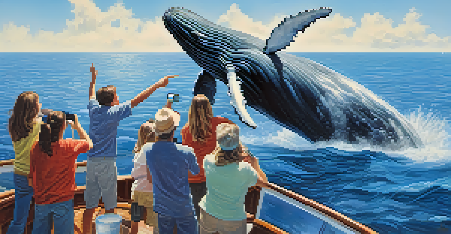 A group of whale watchers on a boat, joyfully capturing images of a humpback whale breaching in the distance.