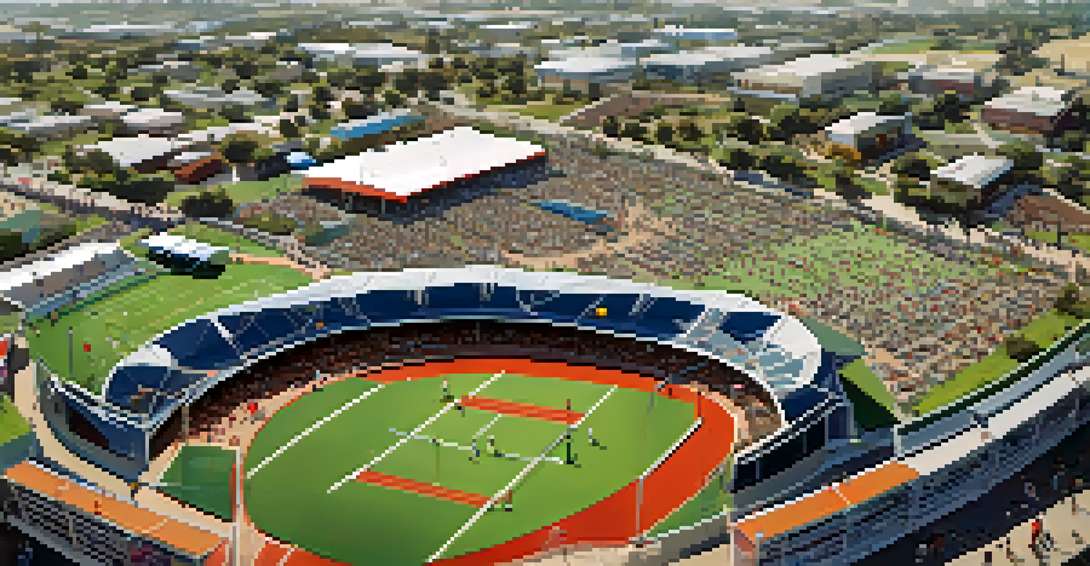 Aerial view of a youth sports tournament at San Diego Sports Complex, with athletes competing and families cheering.