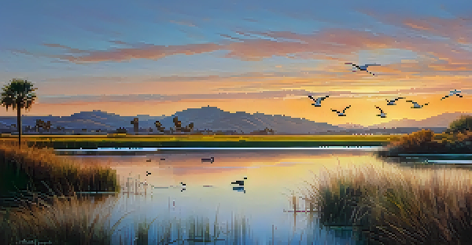 A beautiful coastal wetland in San Diego during sunrise with colorful reflections in the water and birds in flight.