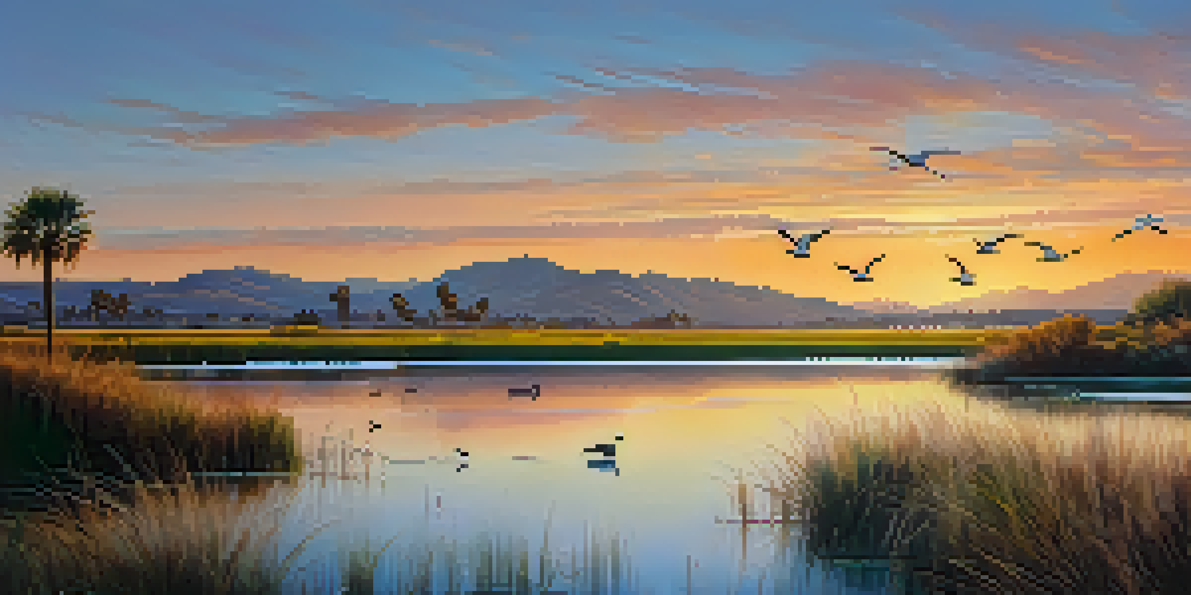 A beautiful coastal wetland in San Diego during sunrise with colorful reflections in the water and birds in flight.
