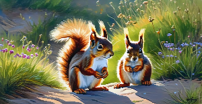 A peaceful early morning at Torrey Pines with squirrels playing in the grass under a golden sunrise.