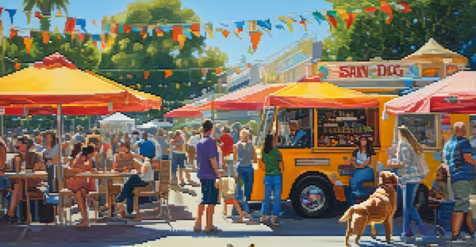 A sunny outdoor festival with food trucks, live music, and a happy dog playing beside its owner in San Diego.