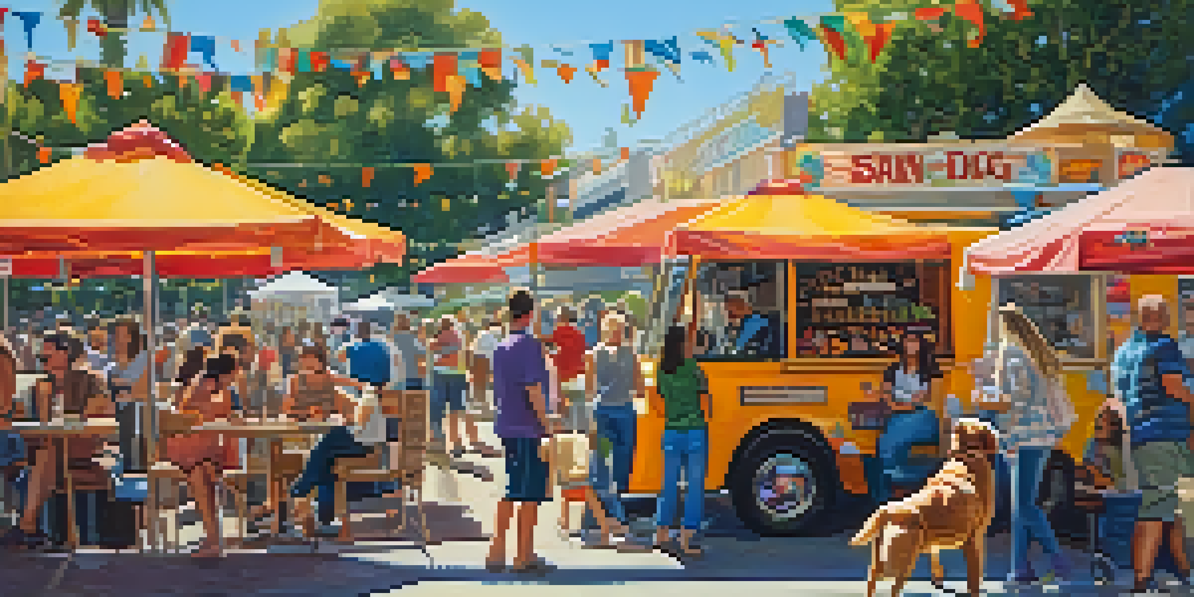 A sunny outdoor festival with food trucks, live music, and a happy dog playing beside its owner in San Diego.