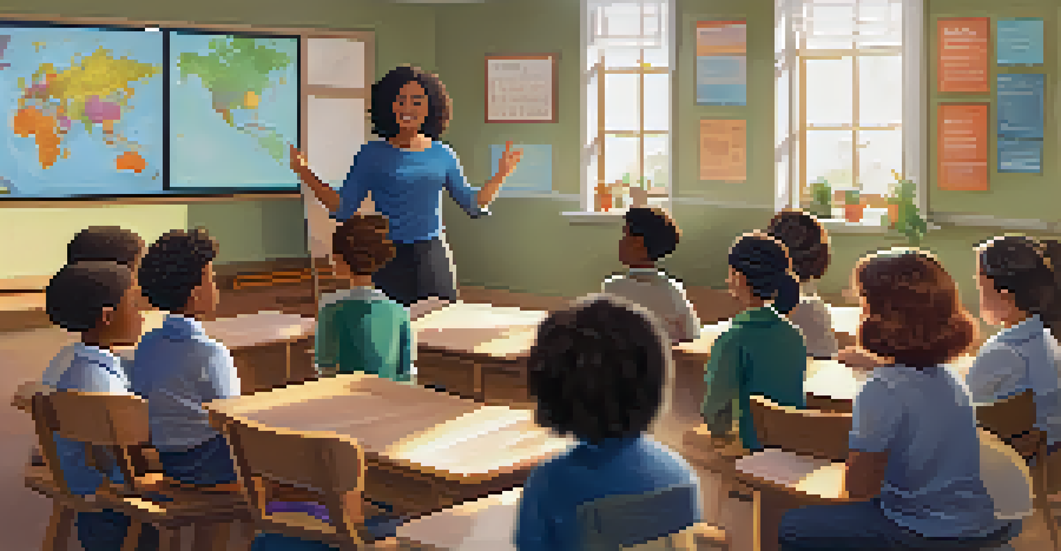 A teacher guiding students through mindfulness exercises in a warm and inviting classroom setting.