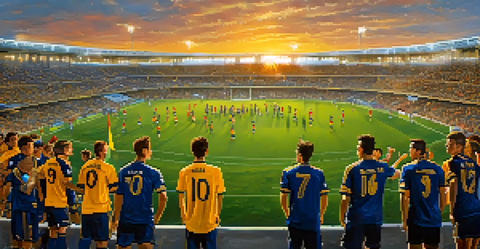 A soccer match featuring the San Diego Loyal SC with players in blue and gold uniforms, surrounded by cheering fans and a sunset backdrop.