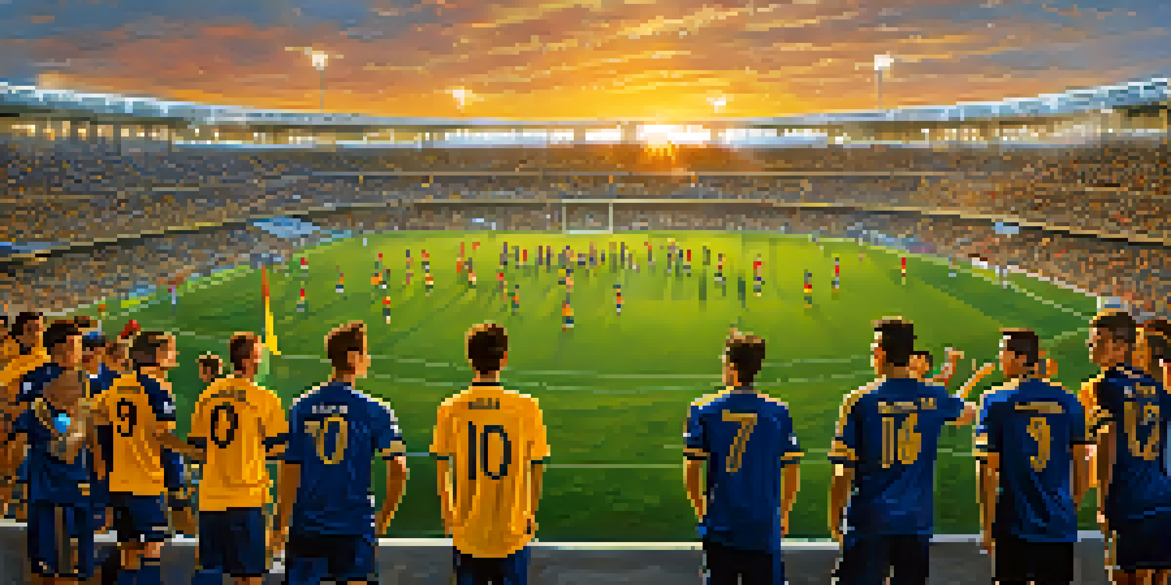 A soccer match featuring the San Diego Loyal SC with players in blue and gold uniforms, surrounded by cheering fans and a sunset backdrop.