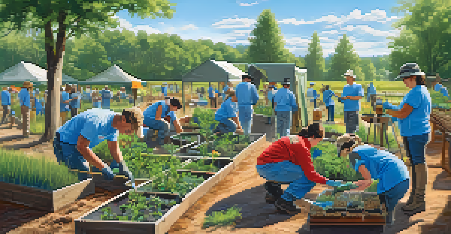 Community members enthusiastically participating in habitat restoration during a 'Conservation Day' event at a wildlife center, planting native plants under clear skies.