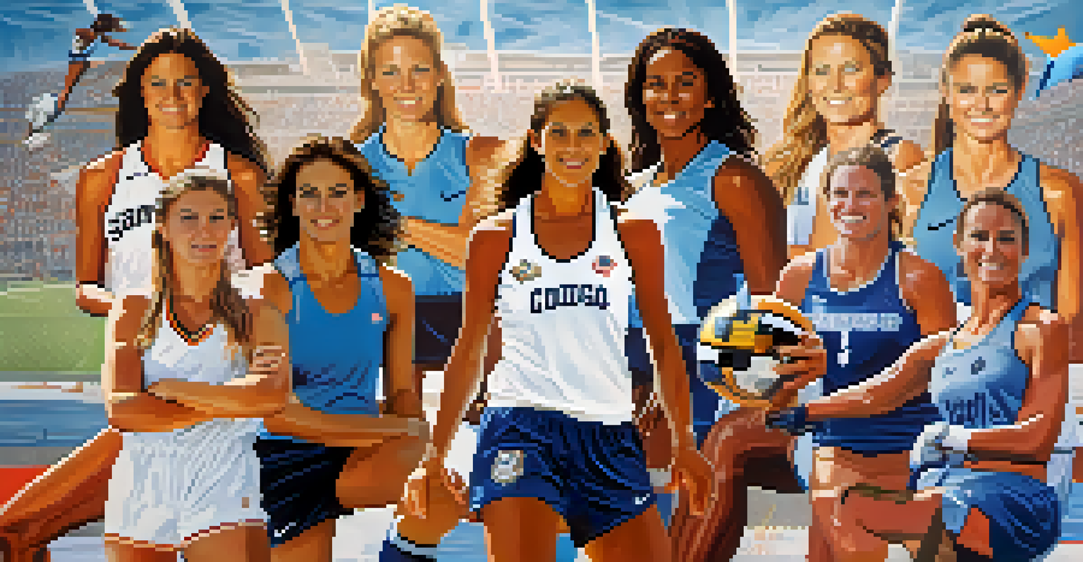 A collage of female athletes from San Diego, including Mia Hamm, with sports equipment in the background and motivational quotes.