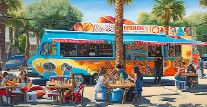 A colorful food truck parked in San Diego with gourmet tacos displayed on a wooden table, featuring unique ingredients and a lively atmosphere.