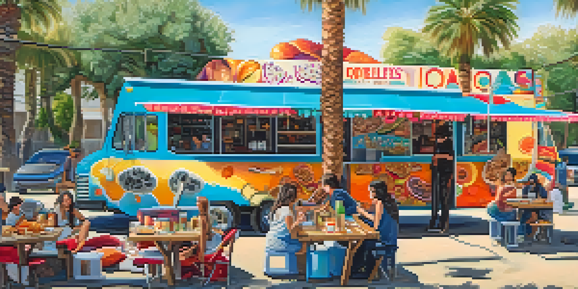 A colorful food truck parked in San Diego with gourmet tacos displayed on a wooden table, featuring unique ingredients and a lively atmosphere.