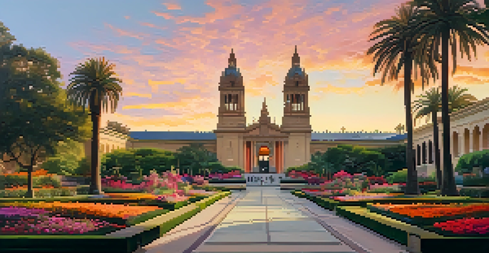 A scenic sunset view of Balboa Park featuring the Timken Museum of Art, with colorful skies and blooming flowers.