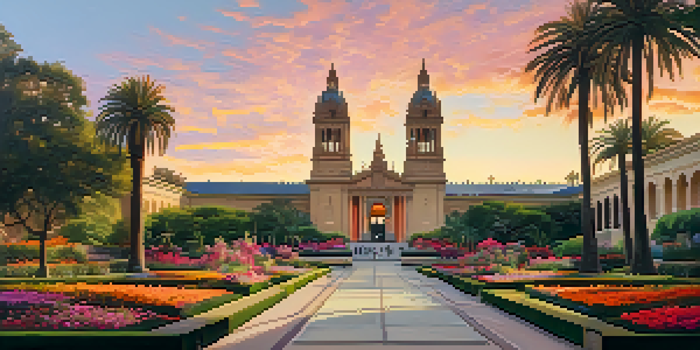 A scenic sunset view of Balboa Park featuring the Timken Museum of Art, with colorful skies and blooming flowers.