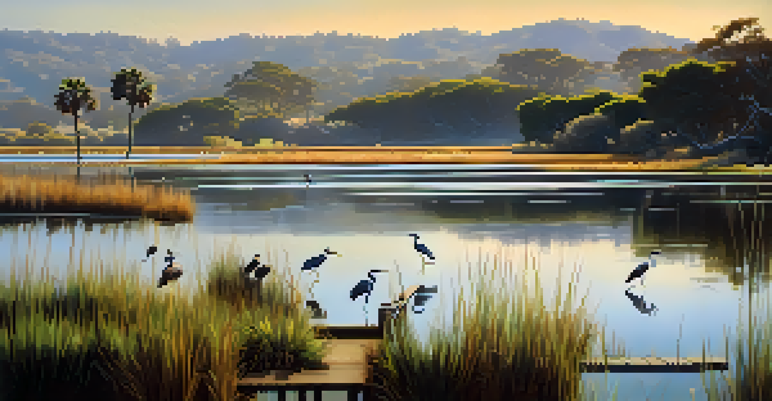 Morning view at San Elijo Lagoon with birds wading in the waters and lush marsh vegetation illuminated by soft light.