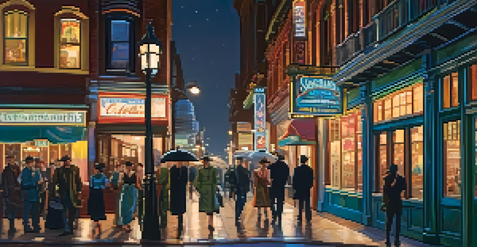 Lively street scene in the Gaslamp Quarter at night with illuminated vintage lamps and vibrant nightlife.