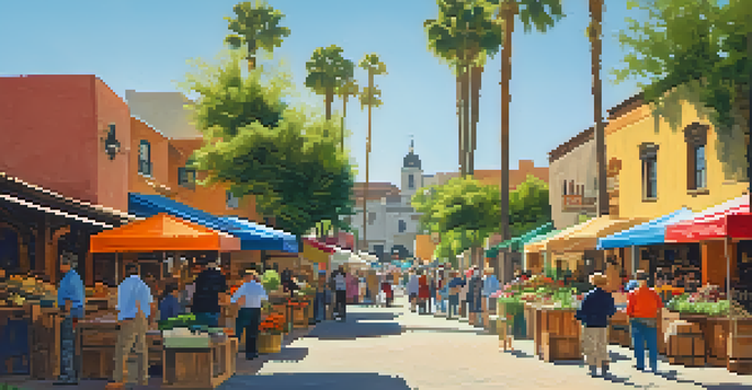 A lively street in Old Town San Diego with adobe buildings, outdoor market, and families enjoying the sunny day.
