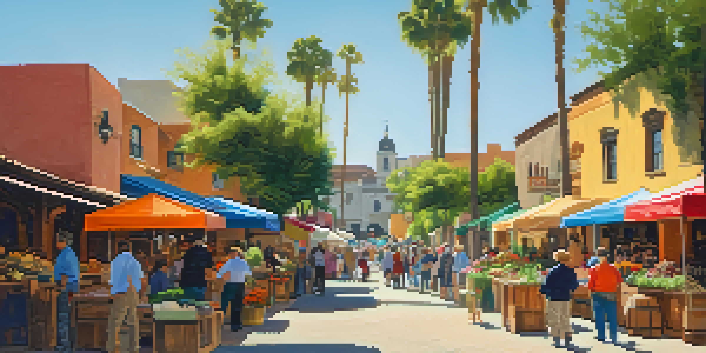 A lively street in Old Town San Diego with adobe buildings, outdoor market, and families enjoying the sunny day.