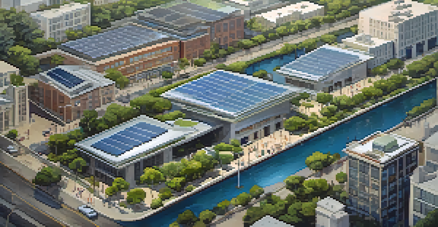 An aerial perspective showing a micro-hydropower system in an urban area with solar panels on rooftops and small turbines.