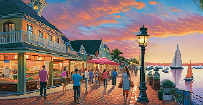 A picturesque sunset view of Seaport Village with people walking along cobblestone paths and colorful shops by the waterfront.