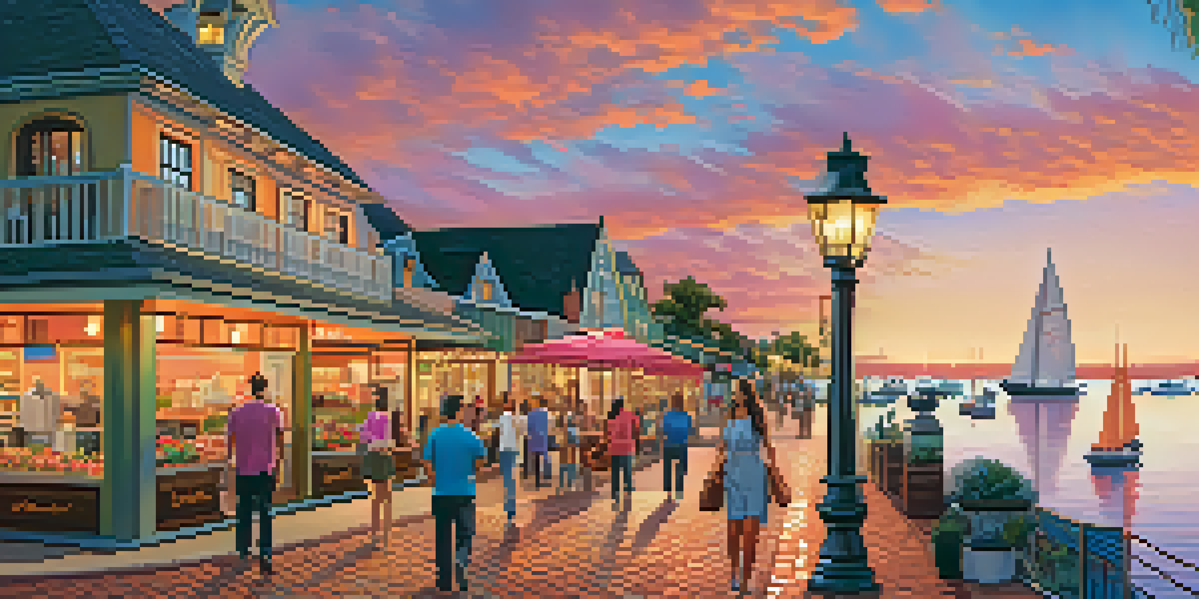 A picturesque sunset view of Seaport Village with people walking along cobblestone paths and colorful shops by the waterfront.