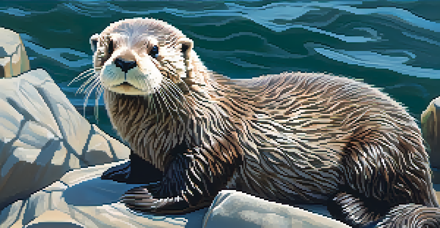 A close-up of a sea otter grooming on a rocky shoreline with the ocean in the background.