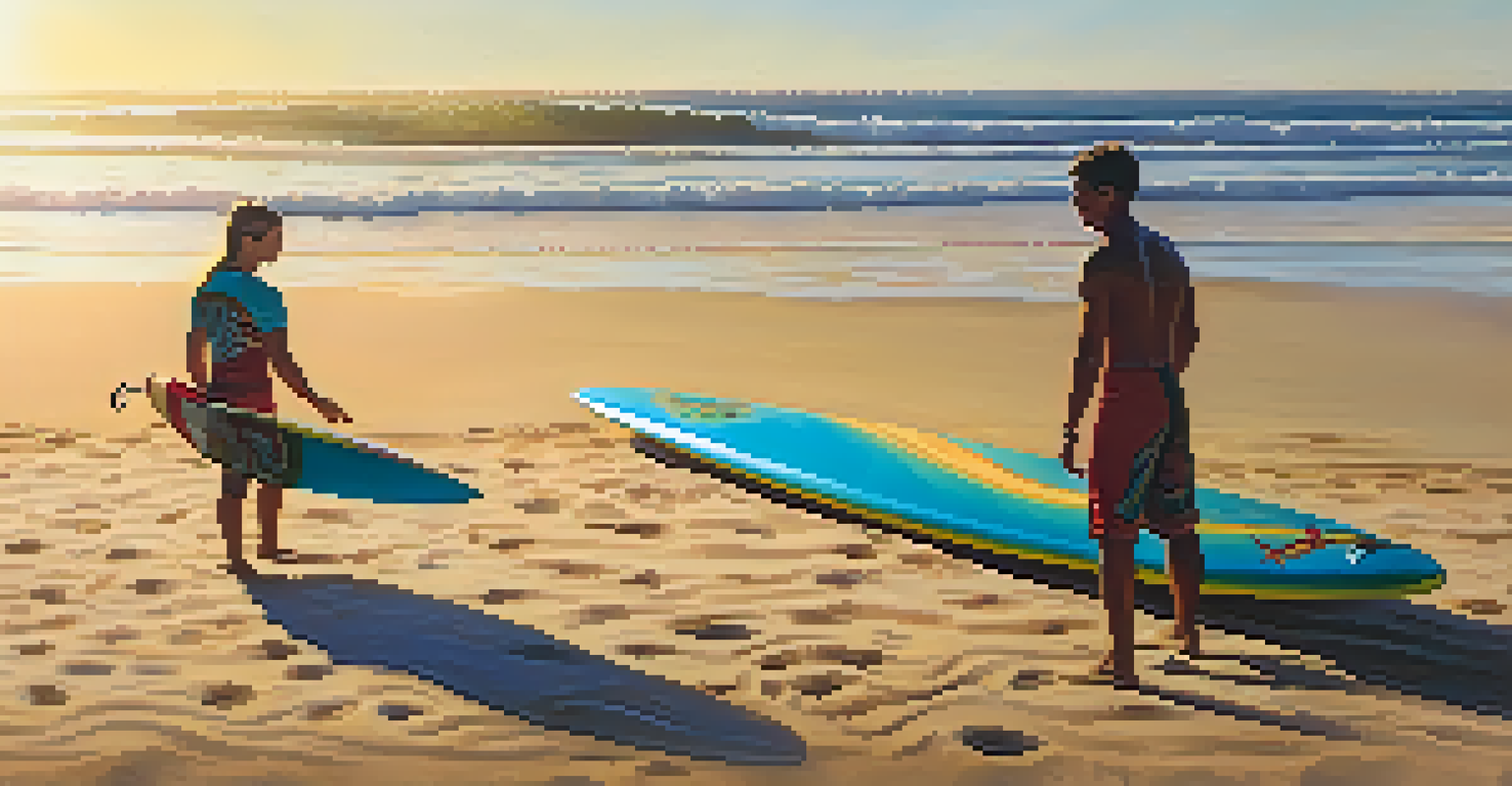 A colorful surfboard on the sand with a surf instructor teaching beginners in the background during a sunny day.
